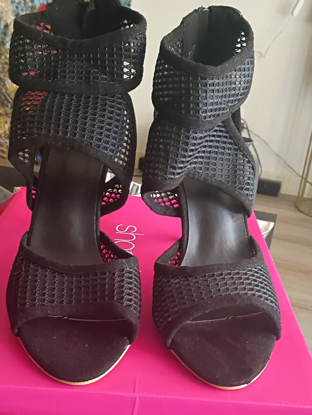 Black Mesh Open-Toe Strappy Heels